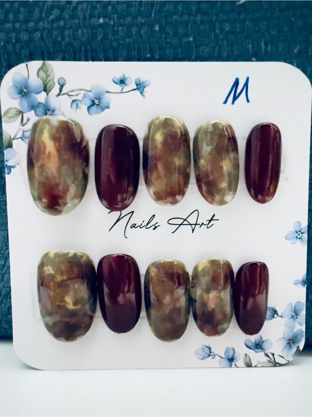 Nails Art Brown Marble and Deep Burgundy Press-On Nail Set